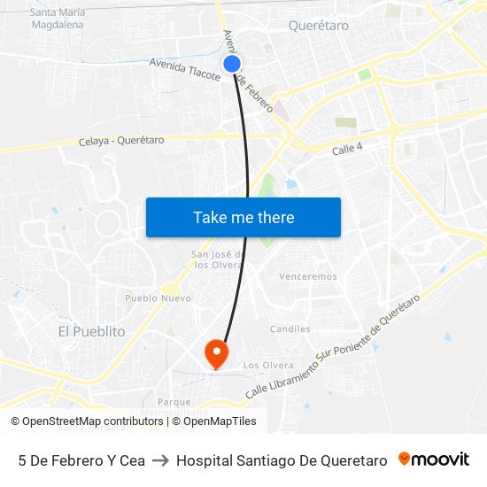 5 De Febrero Y Cea to Hospital Santiago De Queretaro map