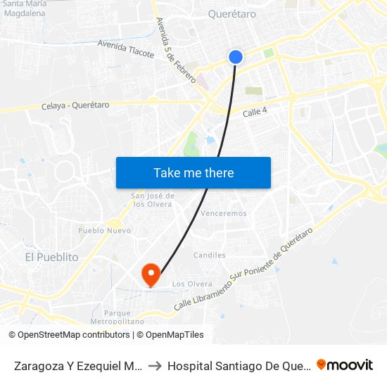 Zaragoza Y Ezequiel Montes to Hospital Santiago De Queretaro map