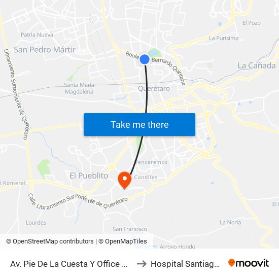 Av. Pie De La Cuesta Y Office Max Bernardo Quintana to Hospital Santiago De Queretaro map