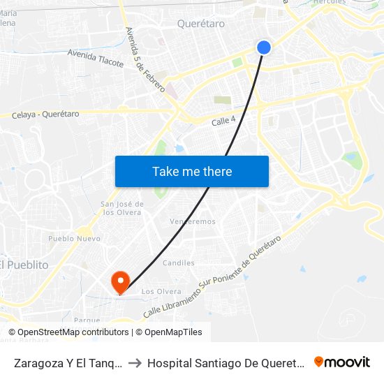 Zaragoza Y El Tanque to Hospital Santiago De Queretaro map