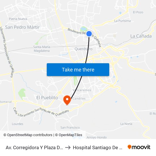 Av. Corregidora Y Plaza Del Parque to Hospital Santiago De Queretaro map