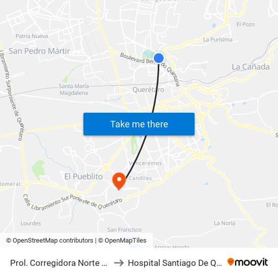 Prol. Corregidora Norte Y Morera to Hospital Santiago De Queretaro map