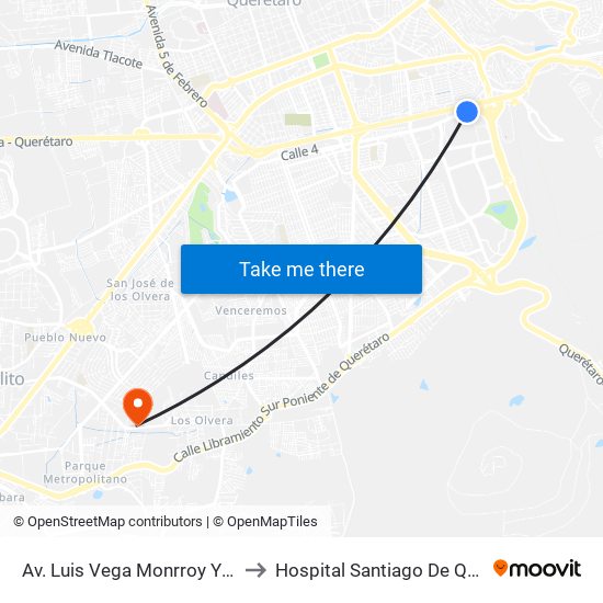 Av. Luis Vega Monrroy Y Estadio to Hospital Santiago De Queretaro map