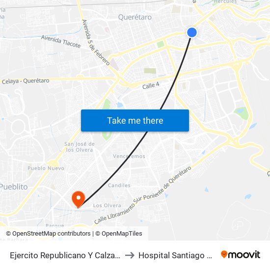 Ejercito Republicano Y Calzada De Los Arcos to Hospital Santiago De Queretaro map