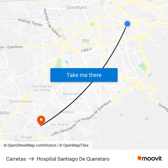 Carretas to Hospital Santiago De Queretaro map