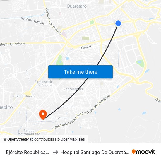 Ejército Republicano to Hospital Santiago De Queretaro map