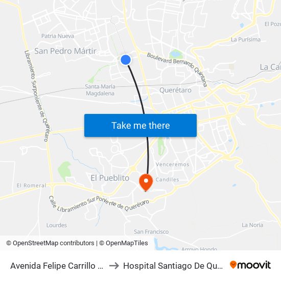Avenida Felipe Carrillo Puerto to Hospital Santiago De Queretaro map
