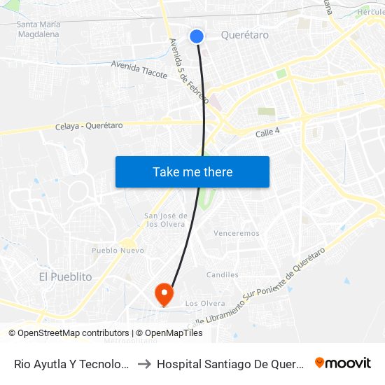 Rio Ayutla Y Tecnologico to Hospital Santiago De Queretaro map