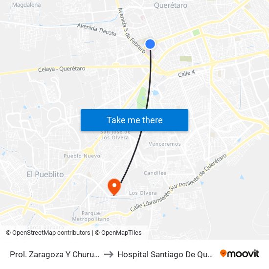 Prol. Zaragoza Y Churubusco to Hospital Santiago De Queretaro map