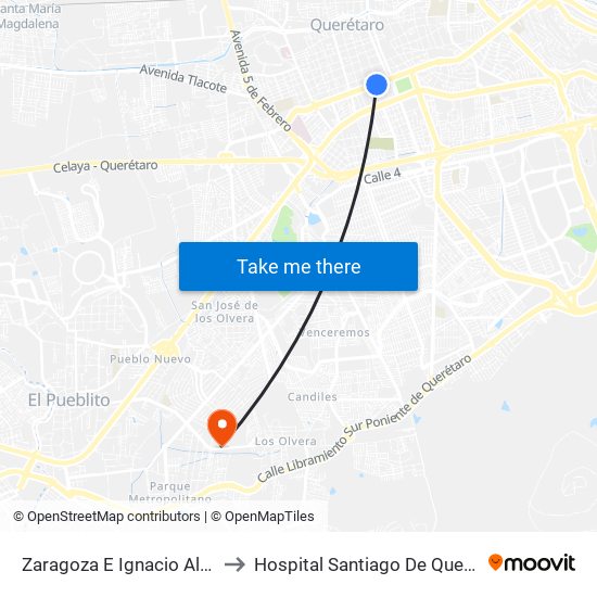 Zaragoza E Ignacio Allende to Hospital Santiago De Queretaro map