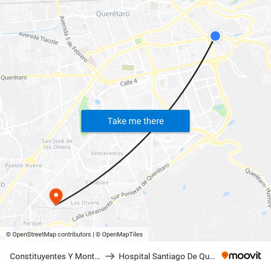 Constituyentes Y Monte Sinai to Hospital Santiago De Queretaro map