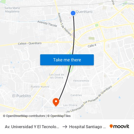 Av. Universidad Y El Tecnologico De Queretaro to Hospital Santiago De Queretaro map