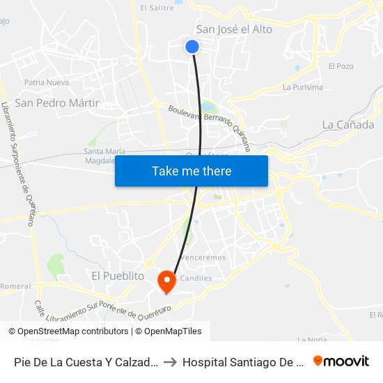 Pie De La Cuesta Y Calzada De Belen to Hospital Santiago De Queretaro map