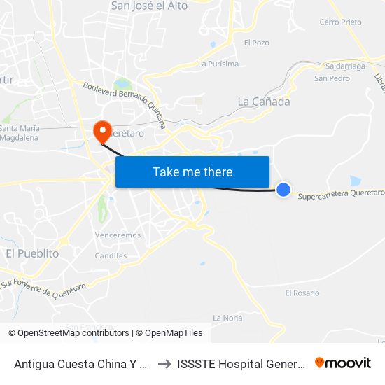 Antigua Cuesta China Y Puente Conin to ISSSTE Hospital General Queretaro map