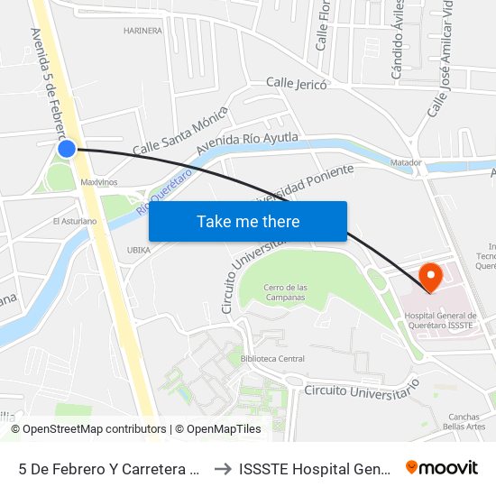 5 De Febrero Y Carretera Al Campo Militar to ISSSTE Hospital General Queretaro map