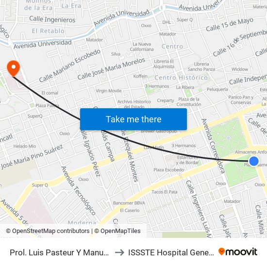 Prol. Luis Pasteur Y Manuel Gomez Morin to ISSSTE Hospital General Queretaro map