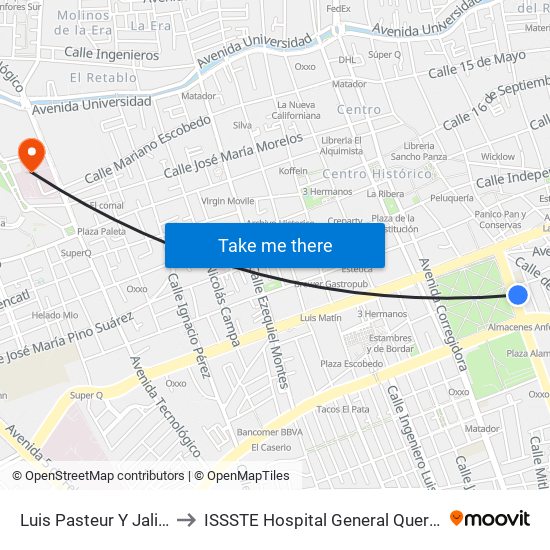 Luis Pasteur Y Jalisco to ISSSTE Hospital General Queretaro map