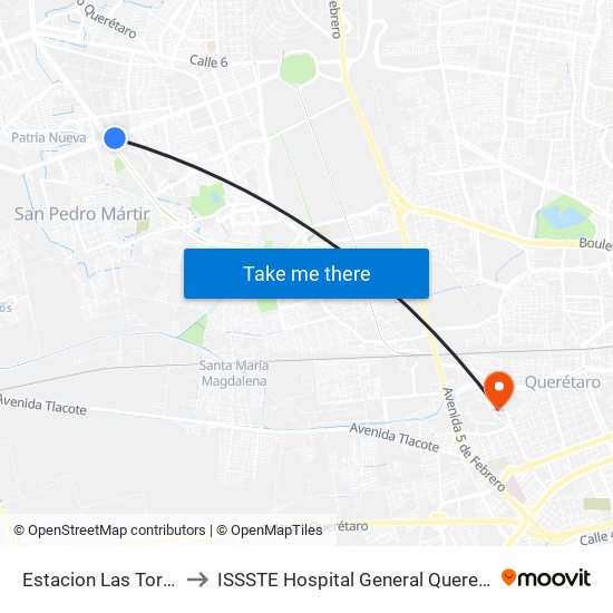 Estacion Las Torres to ISSSTE Hospital General Queretaro map