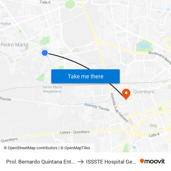 Prol. Bernardo Quintana Entre Pinos Y Berenice to ISSSTE Hospital General Queretaro map