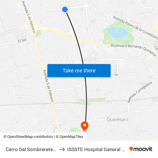 Cerro Del Sombrerete Y Tlaloc to ISSSTE Hospital General Queretaro map