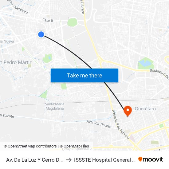 Av. De La Luz Y Cerro Del Capulín to ISSSTE Hospital General Queretaro map