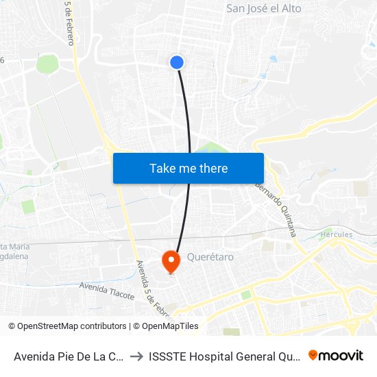 Avenida Pie De La Cuesta to ISSSTE Hospital General Queretaro map