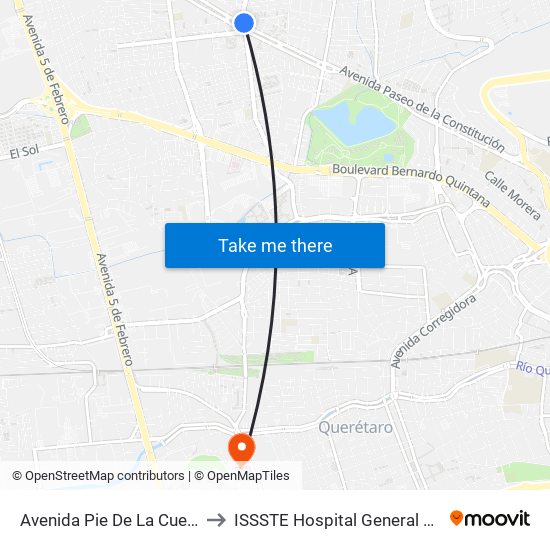 Avenida Pie De La Cuesta, 886 to ISSSTE Hospital General Queretaro map