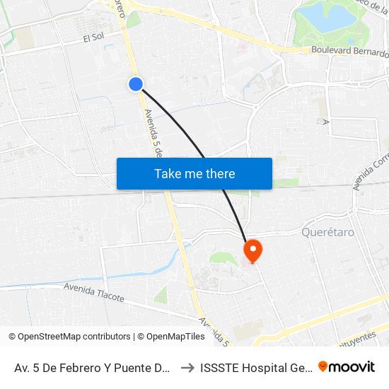 Av. 5 De Febrero Y Puente De Mabe to ISSSTE Hospital General map