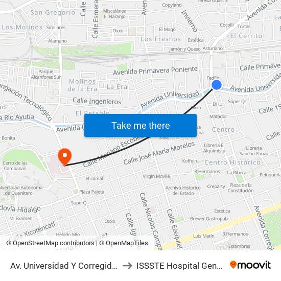 Av. Universidad Y Corregidora to ISSSTE Hospital General map