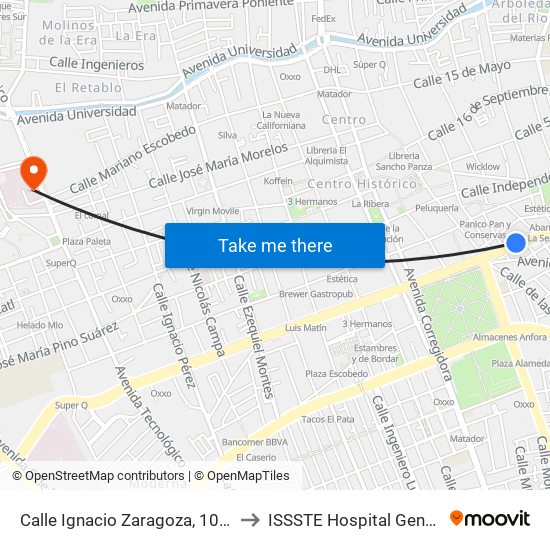 Calle Ignacio Zaragoza, 109_4 to ISSSTE Hospital General map