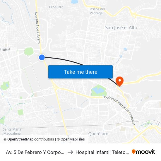 Av. 5 De Febrero Y Corporativo Santander to Hospital Infantil Teleton de Oncología map
