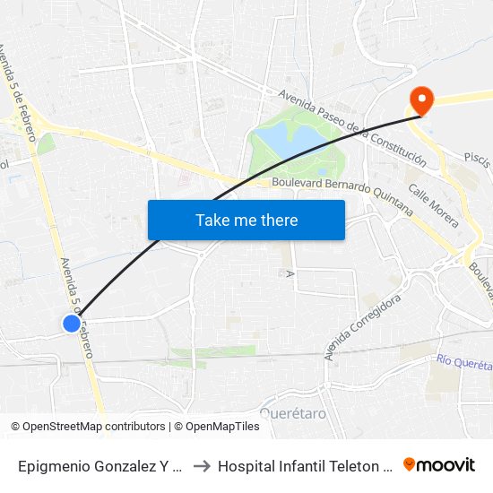 Epigmenio Gonzalez Y 5 De Febrero to Hospital Infantil Teleton de Oncología map