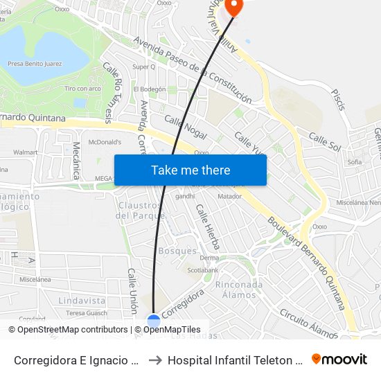 Corregidora E Ignacio López Rayón to Hospital Infantil Teleton de Oncología map