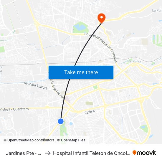 Jardines Pte - Ote to Hospital Infantil Teleton de Oncología map