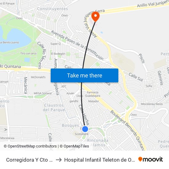 Corregidora Y Cto Jardín to Hospital Infantil Teleton de Oncología map