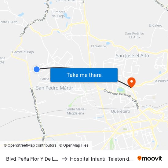 Blvd Peña Flor Y De La Cantera to Hospital Infantil Teleton de Oncología map