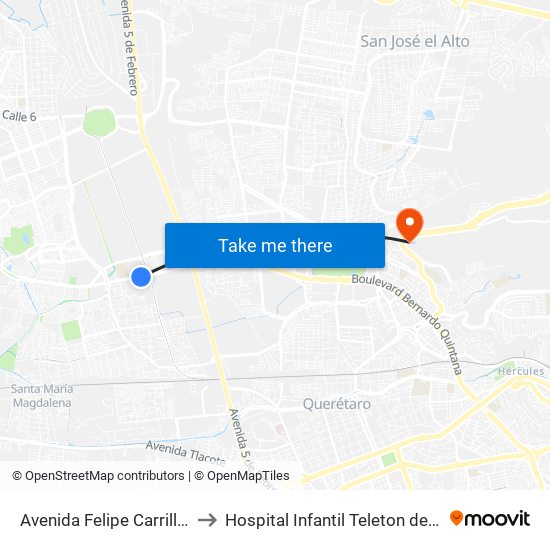 Avenida Felipe Carrillo Puerto to Hospital Infantil Teleton de Oncología map