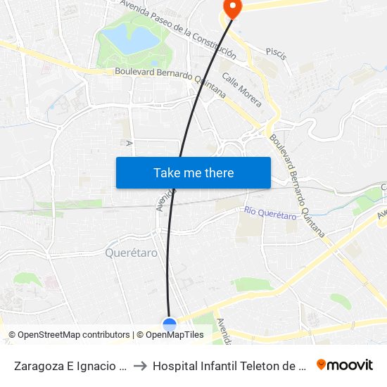 Zaragoza E Ignacio Allende to Hospital Infantil Teleton de Oncología map
