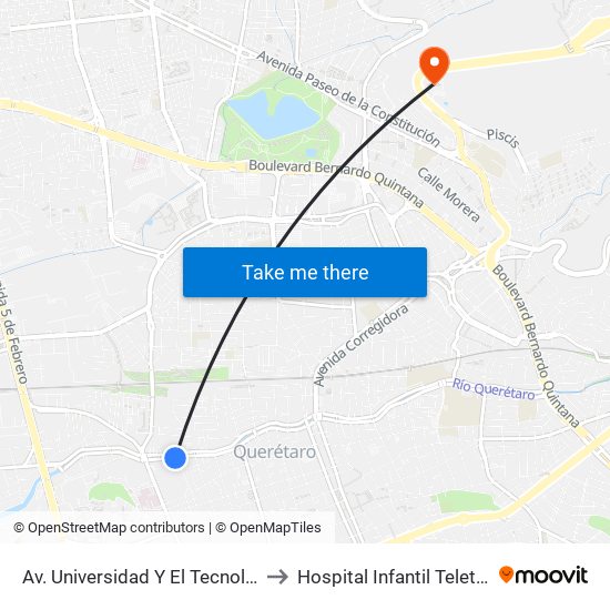 Av. Universidad Y El Tecnologico De Queretaro to Hospital Infantil Teleton de Oncología map