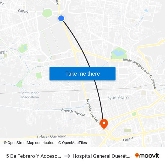 5 De Febrero Y Acceso IV to Hospital General Querétaro map