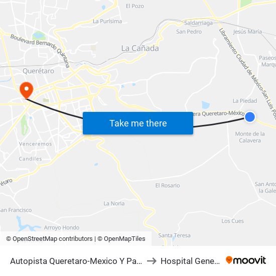 Autopista Queretaro-Mexico Y Parque Industrial El Marques to Hospital General Querétaro map