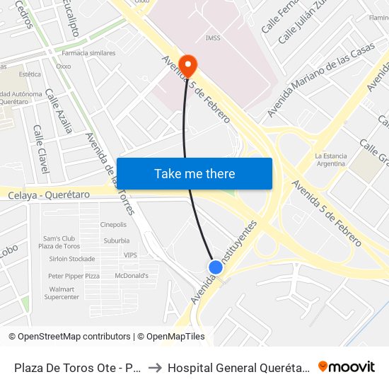 Plaza De Toros Ote - Pte to Hospital General Querétaro map