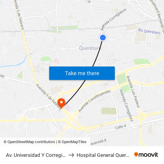 Av. Universidad Y Corregidora to Hospital General Querétaro map