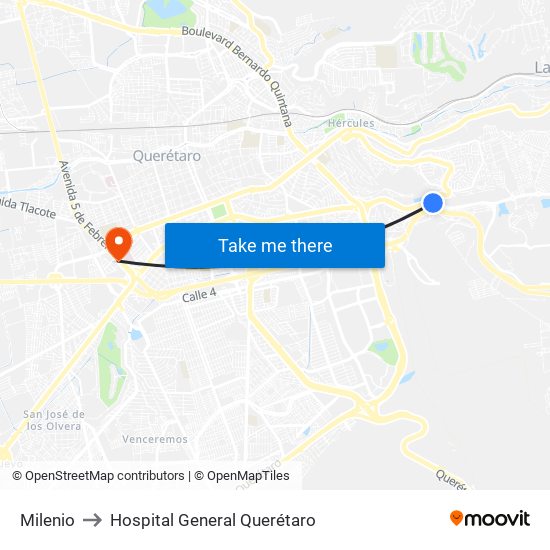 Milenio to Hospital General Querétaro map