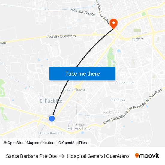 Santa Barbara Pte-Ote to Hospital General Querétaro map
