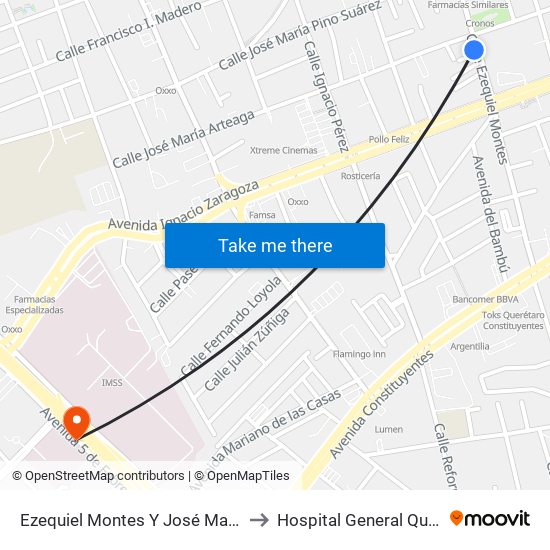 Ezequiel Montes Y José Ma. Arteaga to Hospital General Querétaro map