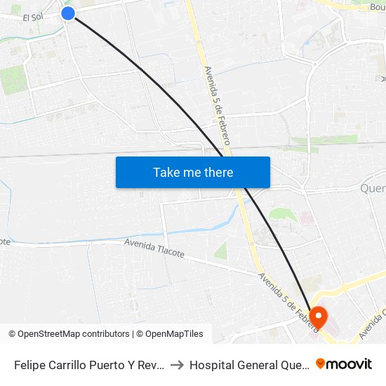 Felipe Carrillo Puerto Y Revolución to Hospital General Querétaro map