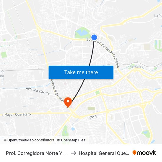 Prol. Corregidora Norte Y Morera to Hospital General Querétaro map