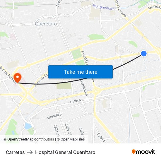Carretas to Hospital General Querétaro map