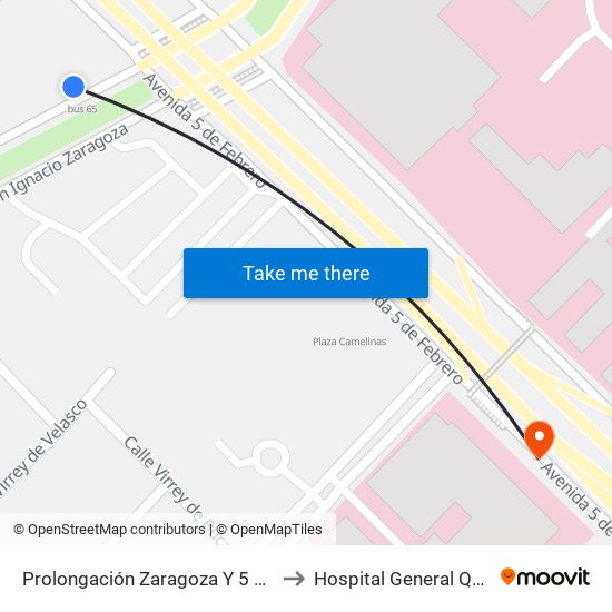 Prolongación Zaragoza Y 5 De Febrero to Hospital General Querétaro map